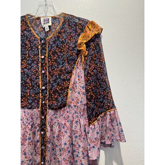 SUI By Anna Sui Size XS Falling Leaves Floral Print Blouse Peasant Sheer Boho - Picture 5 of 8